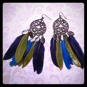 Blue & green feather earrings